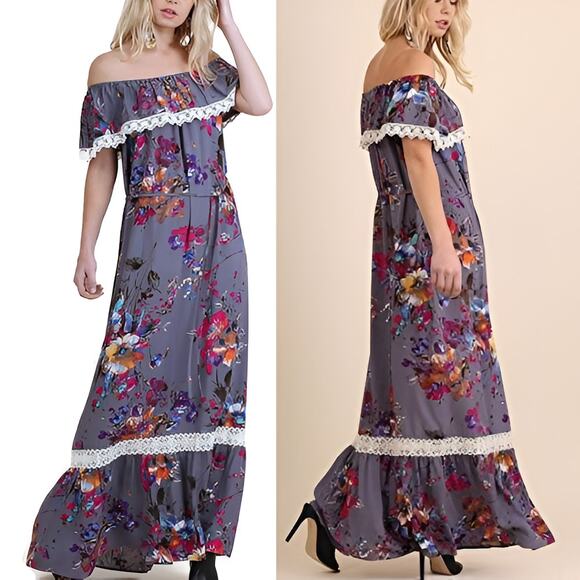 Pinkblush Dresses & Skirts - Pink Blush Resortwear Vacay Boho Lace‎ Crochet Off Shoulder Floral Maxi Dress S
